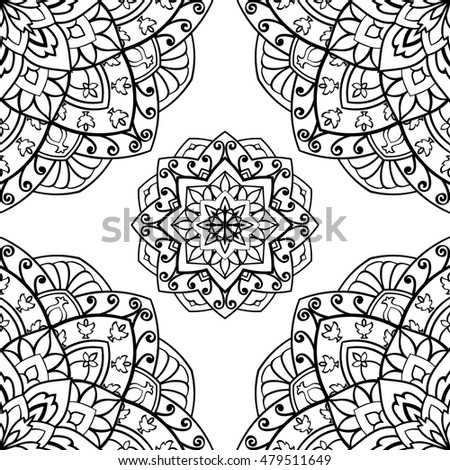 Seamless vector background. Abstract pattern with contour filigree mandalas. Oriental black and white ornament. Template for textiles.