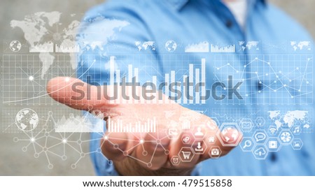 Businessman holding digital graph interface in his hand 3D rendering