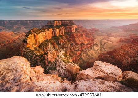 Beautiful landscape of Grand Canyon National Park - North Rim, Arizona, USA. Beautiful sunset at Grand Canyon National Park in summer. Cape Royal. Royalty-Free Stock Photo #479557681