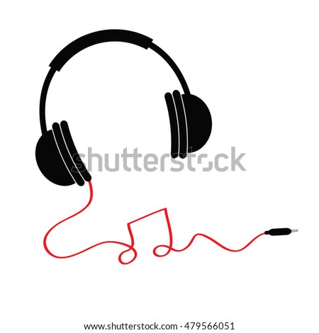 Headphones icon with red cord in shape of note Music card Flat design White background Isolated Vector illustration
