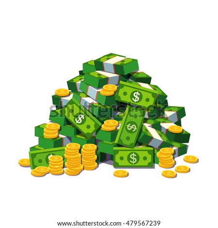 Big pile of cash money and some gold coins. Heap of packed dollar bills. Flat style modern vector illustration isolated on white background. Royalty-Free Stock Photo #479567239