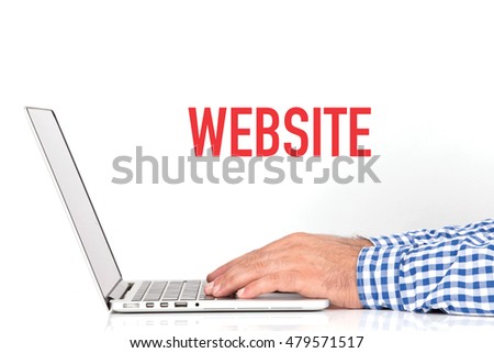 Young man working on desk and  WEBSITE concept on white background