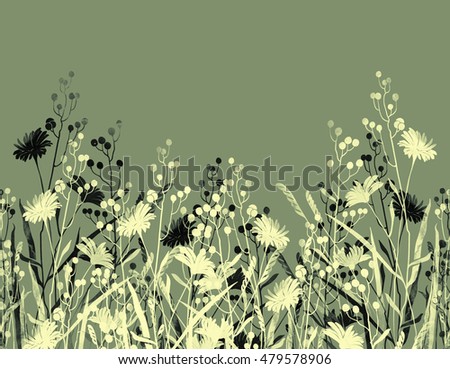 imprints meadow grass. hand painted seamless border. digital drawing and watercolor texture. background for textile decor and design. botanical wallpaper. boho chic art, mixed media. floral frame