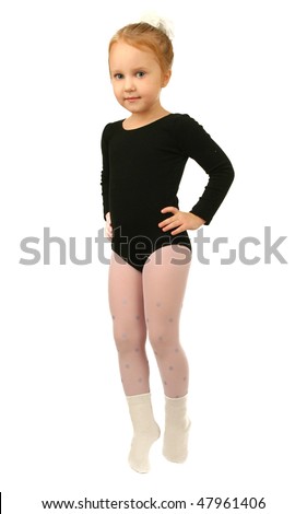 Little girl in gymnastic costume on white background