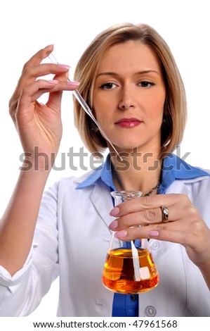 Scientist working with dropper and flask isolated over white background - Focus on hands and glassware