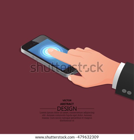 Hand finger on the touch screen of mobile phone similar to the iPhone. A vector illustration in isometric, 3D style.