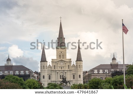 Jackson Square with Jackson's statue and Saint Louis Cathedral. It was declared a National Historic Landmark in 1960, for its central role in the city's history. The site of Louisiana Purchase in 1803