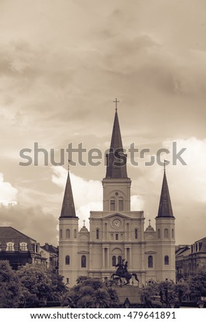 Jackson Square with Jackson's statue and Saint Louis Cathedral. It was declared a National Historic Landmark in 1960, for its central role in the city's history. The site of Louisiana Purchase in 1803