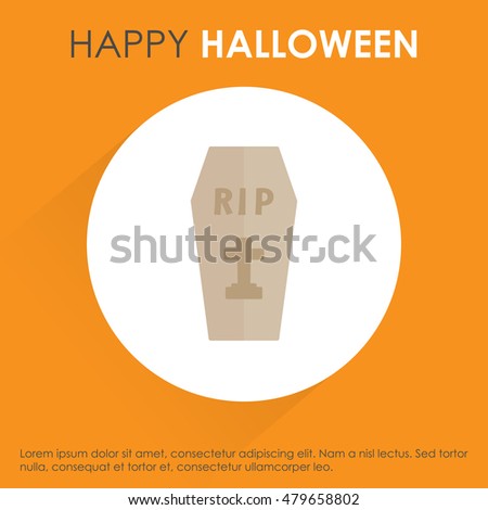 Coffin icon. Orange shadow background with typography. Halloween Greeting card vector background. Party background template. Vector illustration