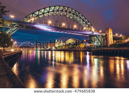 The Tyne Bridge over the river Tyne in Newcastle, GATESHEAD at night , ENGLAND   Royalty-Free Stock Photo #479685838