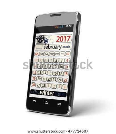 3D Illustration. Touchscreen smartphone with february 2017. Image with clipping path.