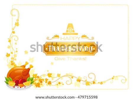 Autumn thanksgiving vector background with text lettering logo, food icon, leaves pattern. Abstract design template illustration for seasonal greeting card. Roast turkey holiday dinner, apple, orange
