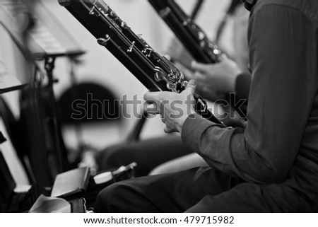  Bassoons in the orchestra closeup in black and white Royalty-Free Stock Photo #479715982