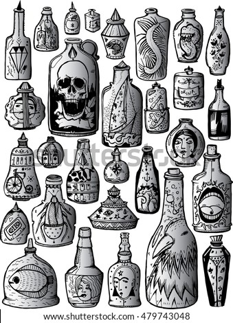 Set of stylized bottles. Seth vessels with drawings. Creative bottle. Whiskey. Alcohol. Graphic arts. Line art. Drawing by hand. Doodle. Tattoo.