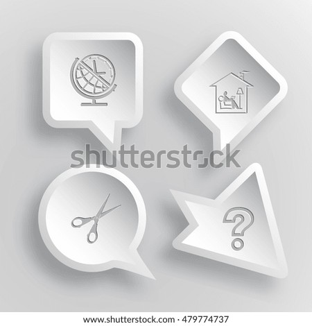 4 images: globe and clock, home reading, scissors, query sign. Education set. Paper stickers. Vector illustration icons.