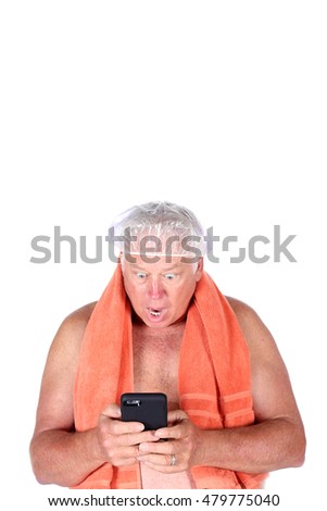 A man takes a Selfie photo of himself with his cell phone. isolated on white. room for text. model released