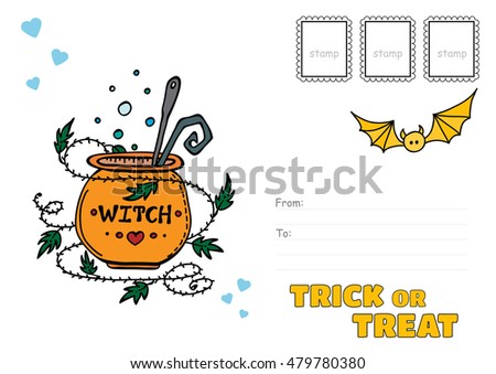 Vector postcard, Trick or Treat greeting card. Halloween illustration of witch cauldron and bat, place for Your text and post stamp included. Printable template