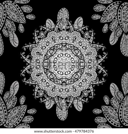 Black seamless background with round white floral pattern. vector