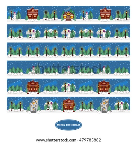 Vector merry Christmas illustration. Package, packing, paper print. Flat winter cartoon houses. Winter landscape, star sky, snow, snowman, pine trees, street lamp flat element for design