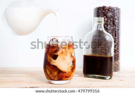 homemade iced cold brew coffee with milk, white cold brew. 
 Royalty-Free Stock Photo #479799316