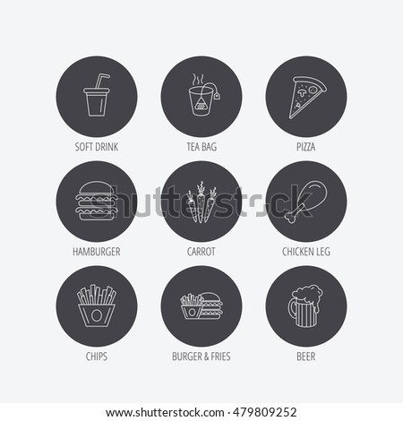 Hamburger, pizza and soft drink icons. Beer, tea bag and chips fries linear signs. Chicken leg, carrot icons. Linear icons in circle buttons. Flat web symbols. Vector