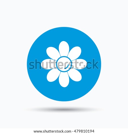 Flower icon. Florist plant with petals symbol. Blue circle button with flat web icon. Vector