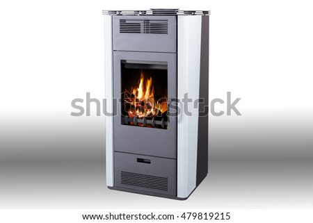 Iron solid fuel stove with burning wood
isolated on white background with gray gradient