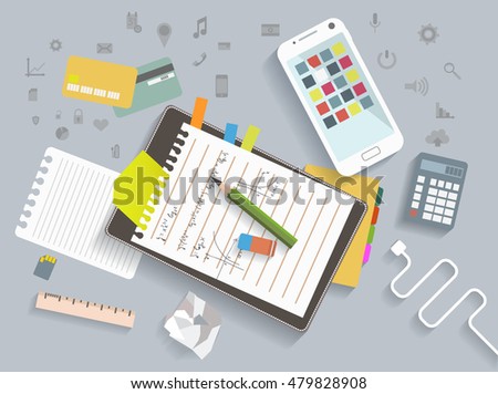 business vector illustration with different media icons and symbols