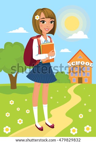 Happy girl goes to school. Back to school. Schoolgirl going to school, education concept.