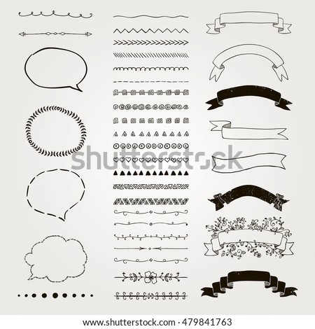 Set of Black Hand Drawn Doodle Design Elements. Rustic Decorative Line Borders, Dividers, Arrows, Swirls, Scrolls, Ribbons, Banners, Frames Corners Objects. Vector Illustration
