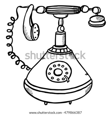 Freehand antique phone with handset and rotary disk isolated on white background for prints, designs, coloring book pages, banners, advertising. Early 20 century model. Equipment, machine, apparatus.