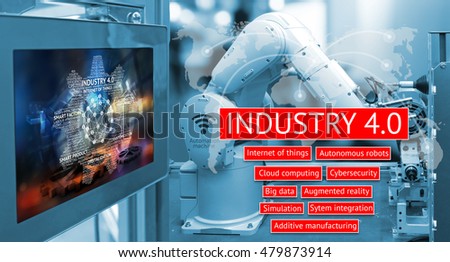 Industry internet of things ,Cyber Physical Systems concept , Automate wireless Robot arm and industrial display instruments in smart factory and industry 4.0 text with world map connection background