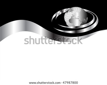 A black and silver business card template with a globe surrounded by silver swoosh