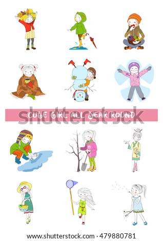 Vector set of seasonal changes with cartoon girl. Four season calendar. All months collection with cute child. 