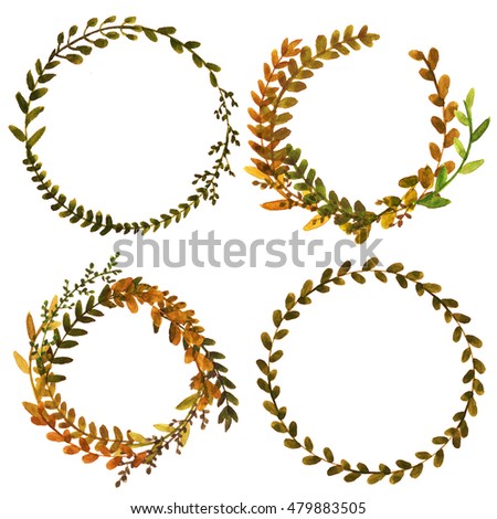 Set the wreath. A floral design. Wreath, branch. Set for design. Green, brown. Watercolor illustration. Isolated.