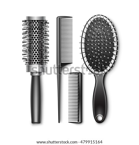 Vector Set of Black Plastic Grooming and Hot Curling Radial Pocket Hair Brush Comb Professional Hairdresser Tools Top View Isolated on White Background Royalty-Free Stock Photo #479915164