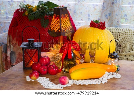Thanksgiving - a family holiday, still life with vegetables and fruits of autumn, vintage. Sunny and comfortable photo at home, thank God.