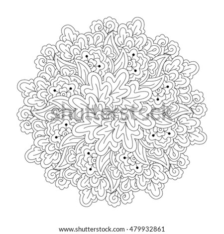 Round element for coloring book. Black and white floral pattern. Vector illustration.

