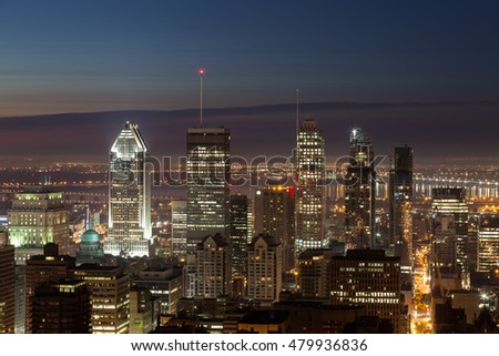Montreal summer skyline view at dawn seen from the Mount royal. Canada.