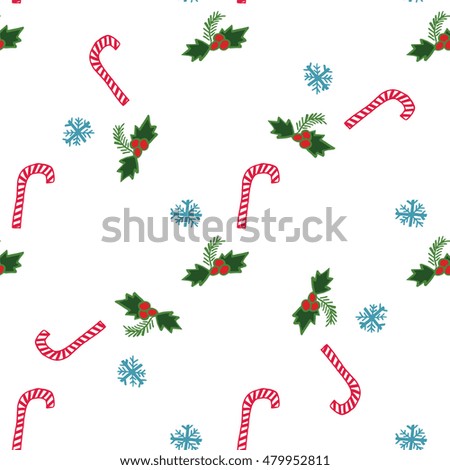Christmas pattern handmade rod red berry green leaves snowflakes vector white background