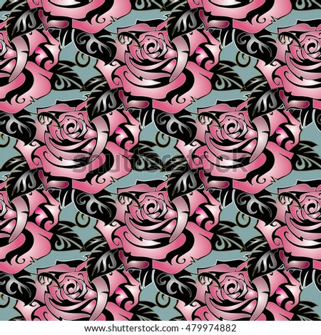 Roses floral  vector seamless pattern background wallpaper illustration with elegance pink  volumetric ornamental decorative 3d roses and  leaves. Modern ornate 3d decor with shadow and highlights.