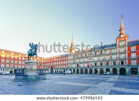 Morning Light at Plaza Mayor in Madrid , Spain Royalty-Free Stock Photo #479986543