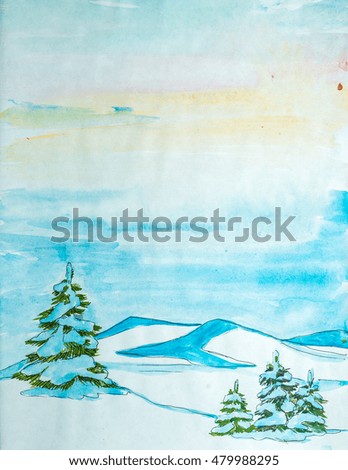 Mountain landscape with trees and clouds painted by watercolor.