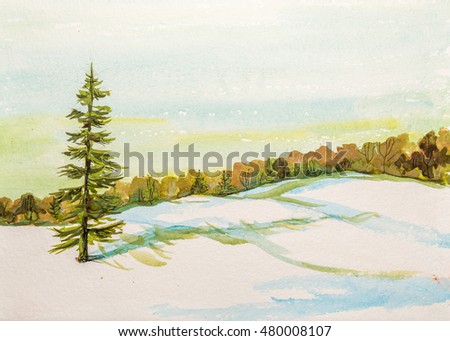 Mountain landscape with trees and clouds painted by watercolor.