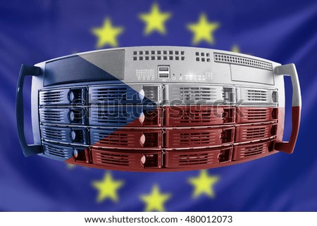 Concept Server with the Flags of Europe and Czech Republic for use as country or european internet and hardware security image idea
