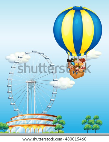 Children riding on giant balloon in sky illustration
