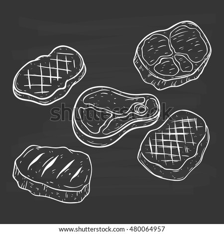 doodle or hand drawing steak using beef chicken and pork meat on chalkboard background