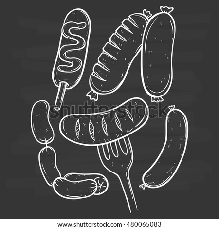 black and white sausage collection using doodle art on chalkboard background