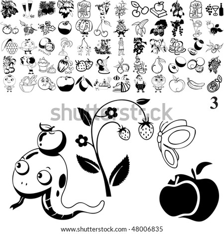 Fruit set of black sketch. Part 101-3. Isolated groups and layers.