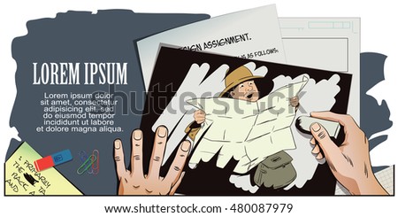 Stock illustration. People in retro style pop art and vintage advertising. Traveler man searching right direction on map. Hand paints picture.